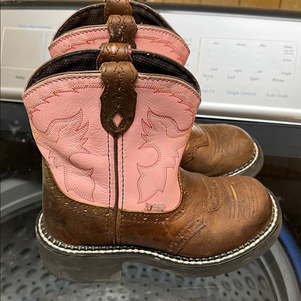 EUC Justin Nuri Girls Gypsy Pink, Brown Leather Cowboy Cowgirl Boots Size 12.5